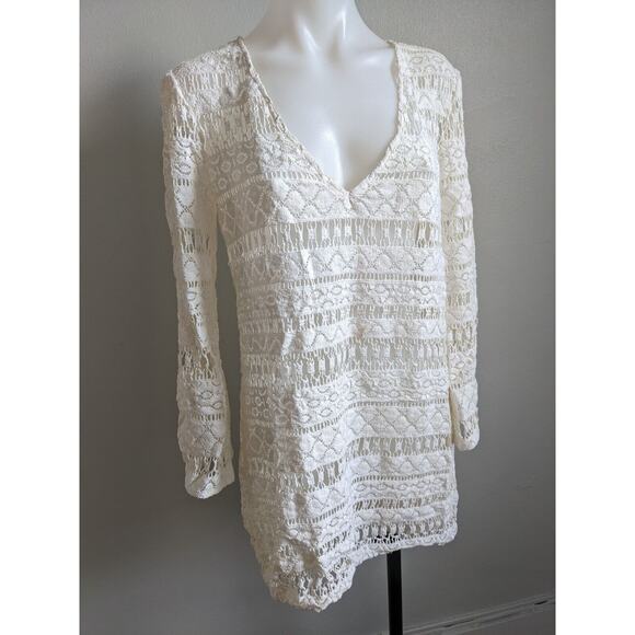 Milly Cabana Size Small Crochet Shift Mini Dress White V Neck Long Sleeves - Picture 5 of 14